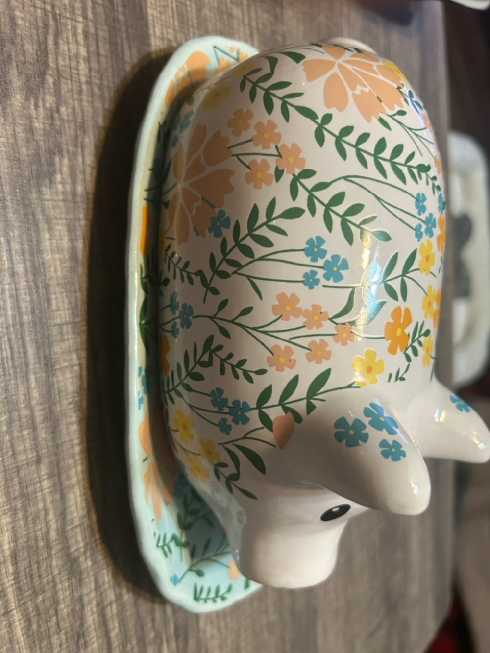 Pig Butter Dish Keeper Storage Display Floral Print Ceramic 8" Aqua Green Yellow - Picture 10 of 10